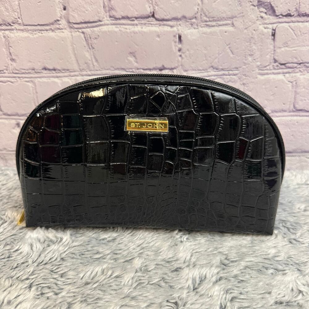St. John Black Crocodile Embossed Cosmetic Bag Gold Toned NWOT Travel Bag